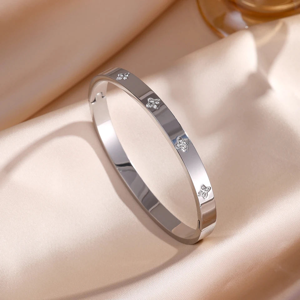 Elegant Stainless Steel Bracelet Set with Sparkling Zirconia Stones