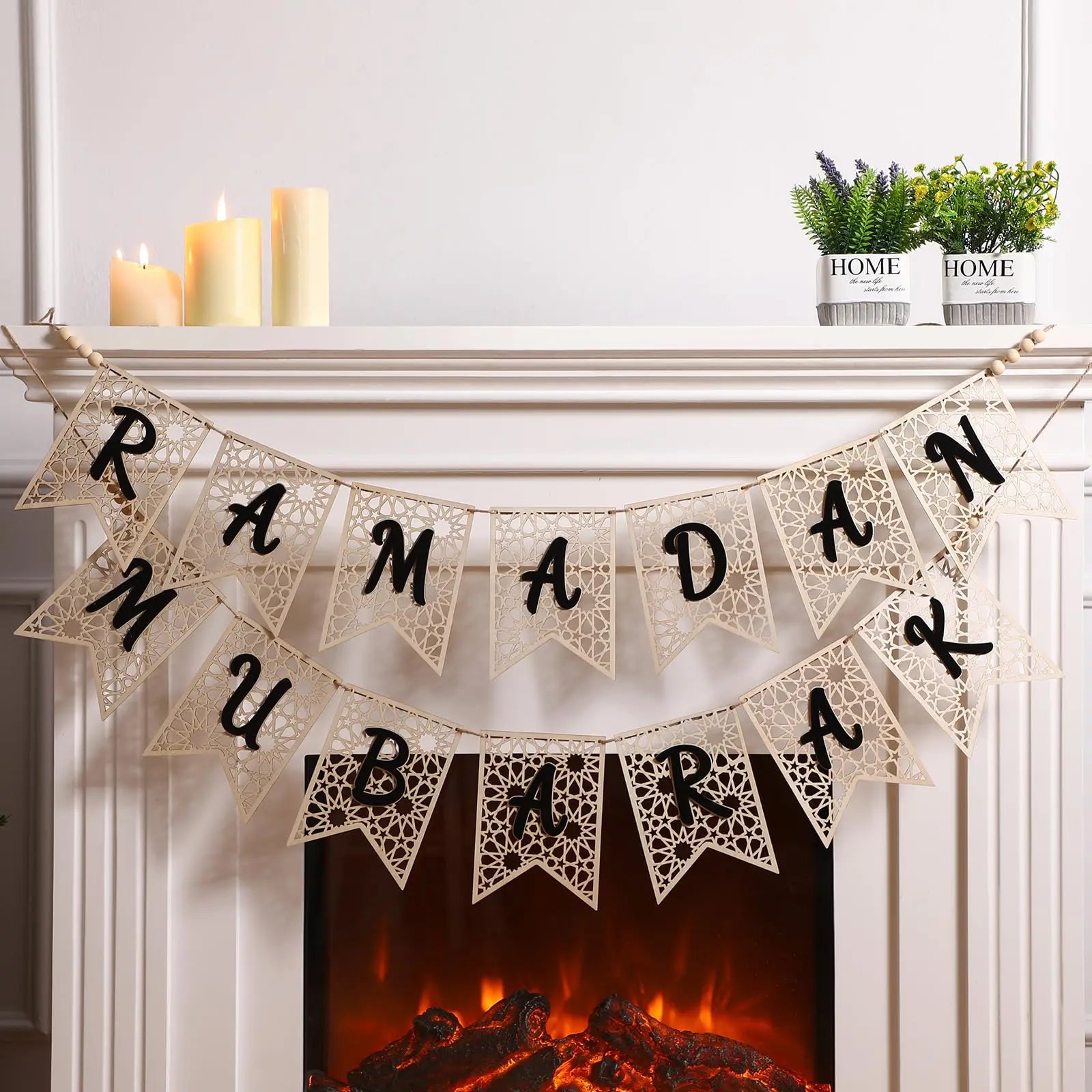 Ramadan & Eid Mubarak Wooden Banner, Rustic Hanging Decor, 2PCS