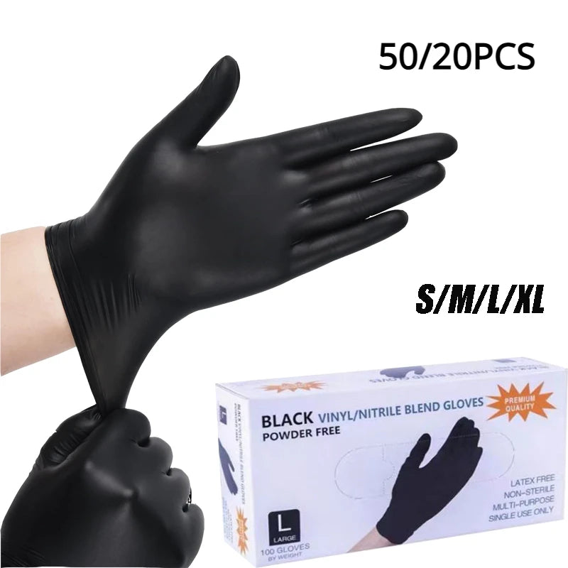 50/20PCS Disposable Black Nitrile Gloves – Latex-Free, Waterproof & Durable