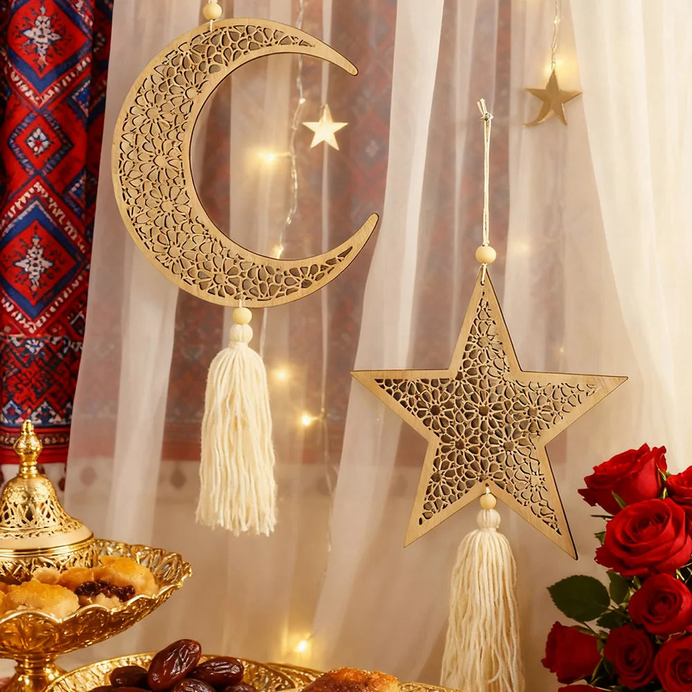 Ramadan Wooden Ornament – Moon & Star (Sold Individually)